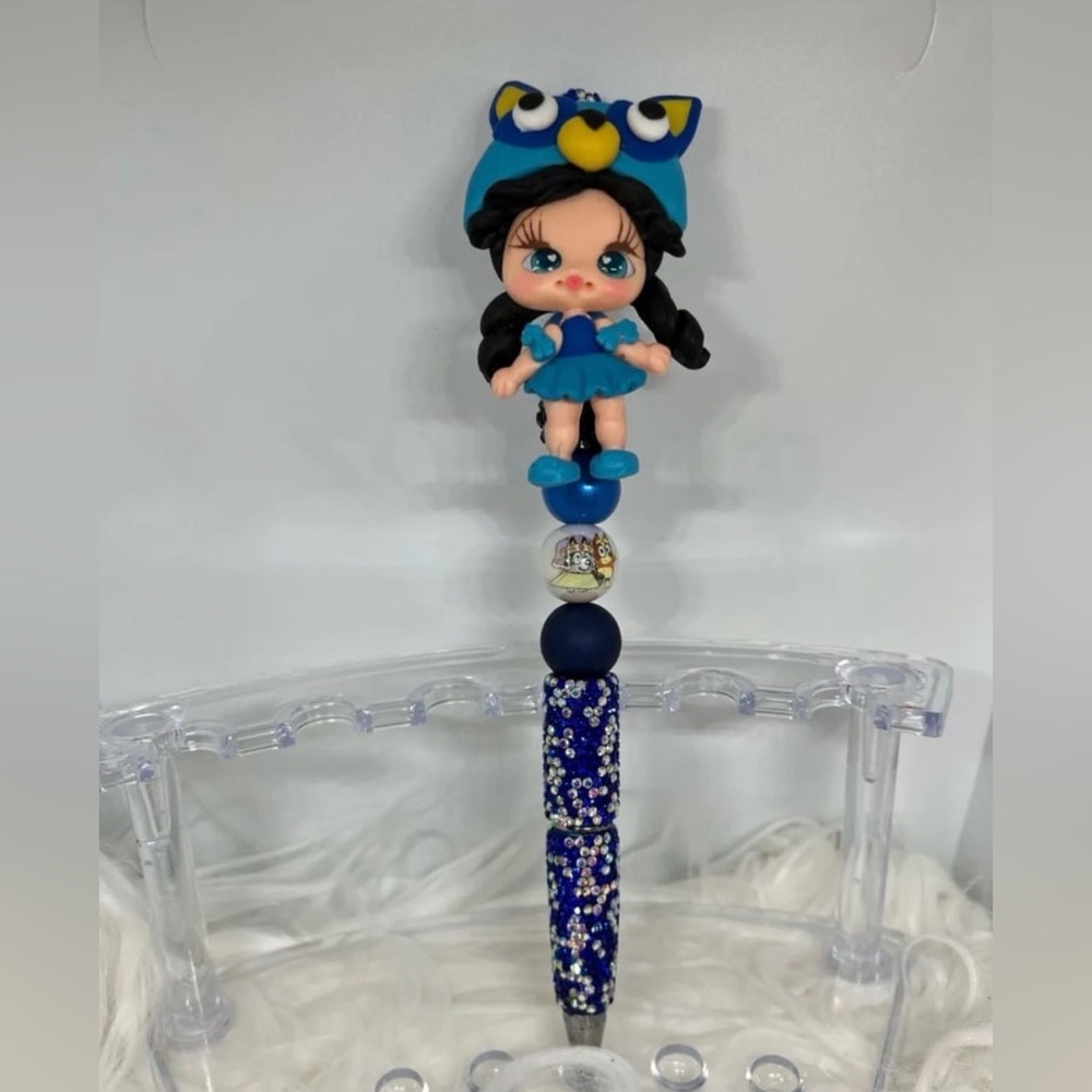 Royal blue rhinestone Pen with Cute Clay Doll Bluey girl Topper